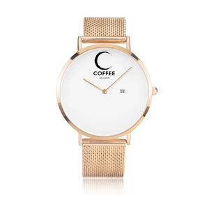 Open image in slideshow, COFFEE RELIGION COFFEE TIME Rose Gold Steel Minimalist Watch with date JetPrint Fulfillment
