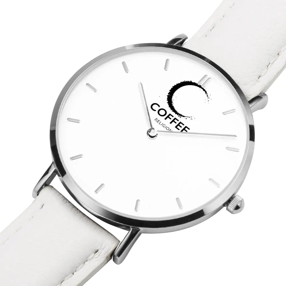 COFFEE RELIGION Naples Mark Coffee Time Watch - White Leather Strap silver dial
