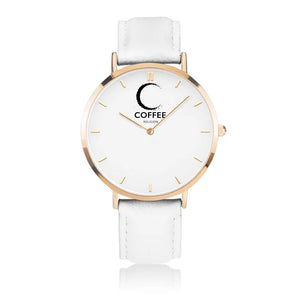 COFFEE RELIGION Hamptons Coffee Time Watch - White Leather Strap gold dial JetPrint Fulfillment