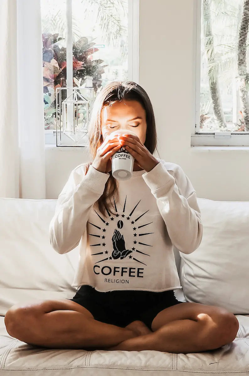 COFFEE RELIGION Cropped Oversize Cream Cafe Latte Sweatshirt