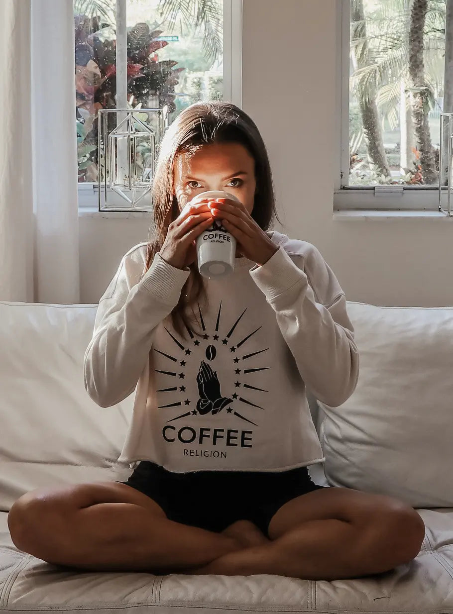 COFFEE RELIGION Cropped Oversize Cream Cafe Latte Sweatshirt