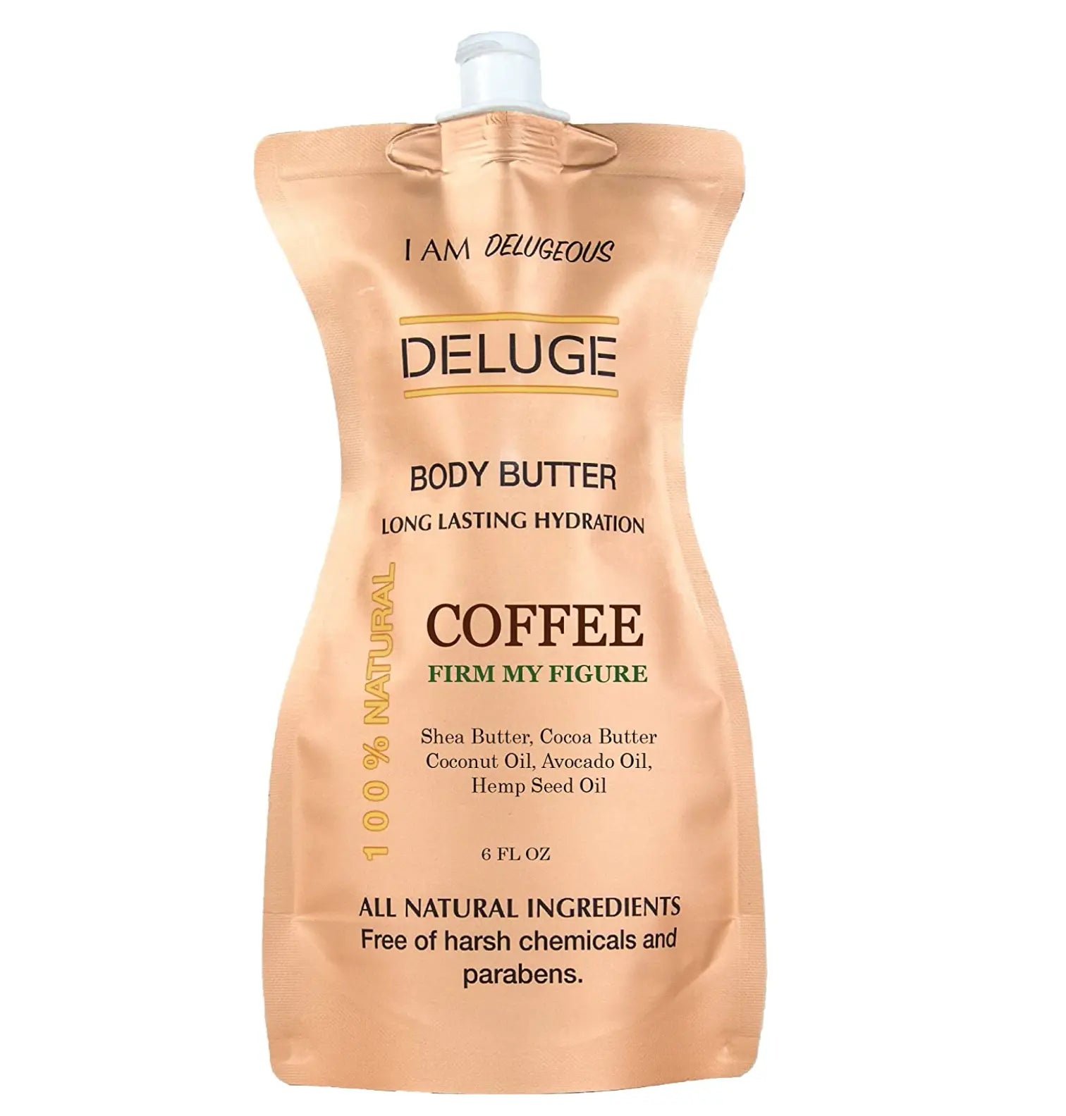 Deluge Coffee Body Butter -100% Natural. Shea Butter, Coconut Oil, Hemp Seed Oil, Avocado Oil, Jojoba Oil. 6 oz. -Eco-Friendly Packaging.