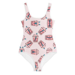 Open image in slideshow, Kids Girl Pink Boba Religion Youth Swimsuit COFFEE RELIGION
