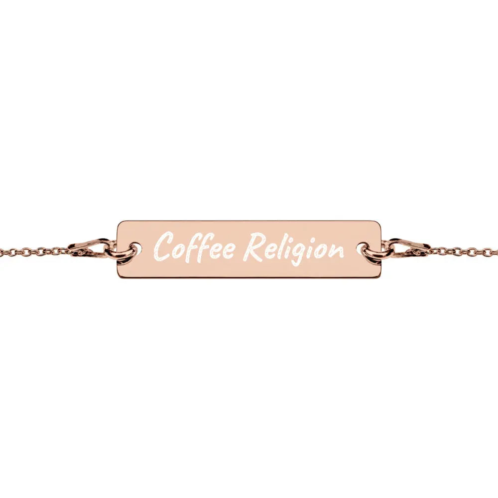 Coffee Religion Engraved Rose Gold Bar Chain Bracelet