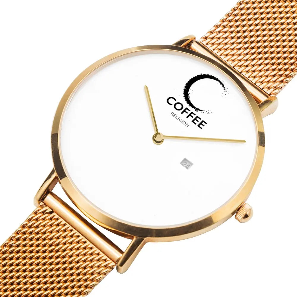 COFFEE RELIGION COFFEE TIME Rose Gold Steel Minimalist Watch with date