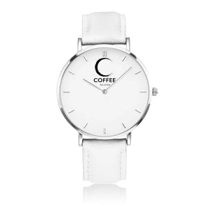COFFEE RELIGION Naples Mark Coffee Time Watch - White Leather Strap silver dial JetPrint Fulfillment