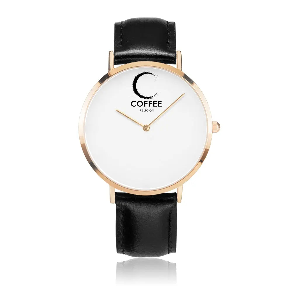 COFFEE RELIGION Hamptons Coffee Time Watch - Black Leather Strap gold dial