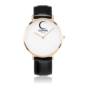 Open image in slideshow, COFFEE RELIGION Hamptons Coffee Time Watch - Black Leather Strap gold dial JetPrint Fulfillment

