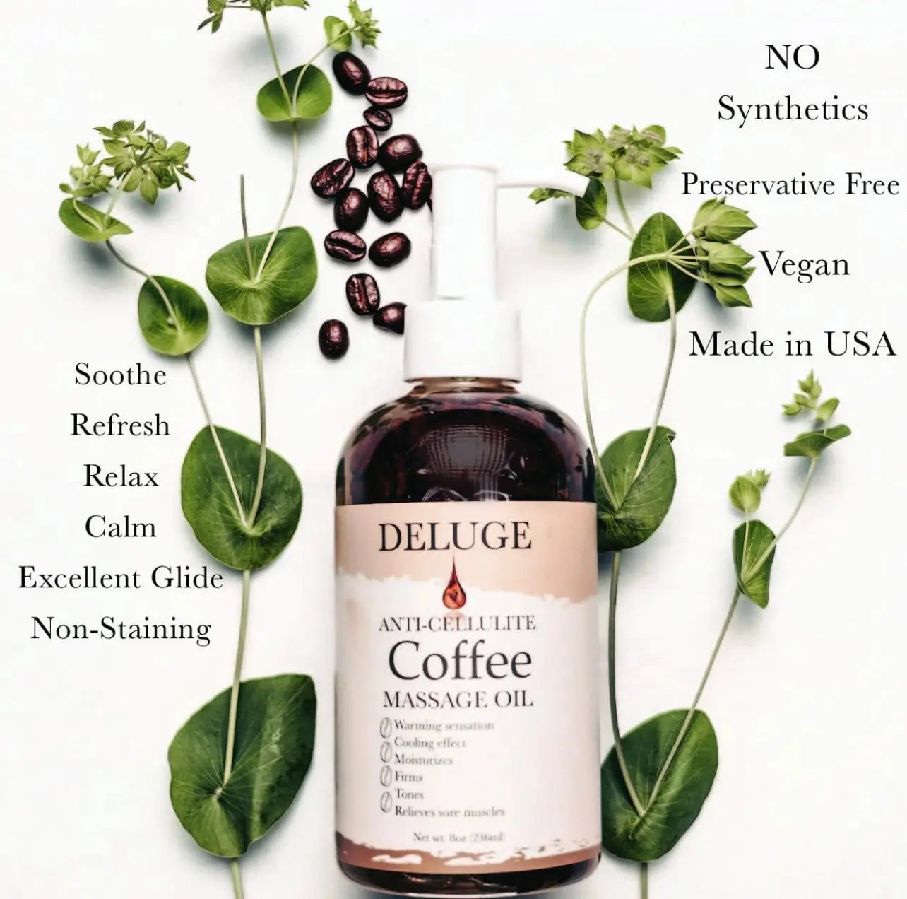 Deluge Original Massage Oil with coffee for Cellulite Treatment, Full Body Spa Relaxation Therapy and Sore Muscles. DELUGE Cosmetics