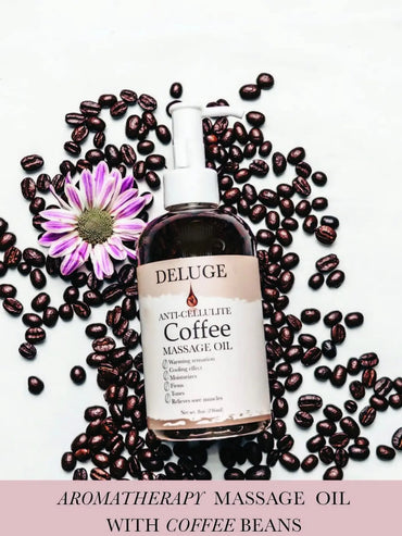 Deluge Original Massage Oil with coffee for Cellulite Treatment, Full Body Spa Relaxation Therapy and Sore Muscles.