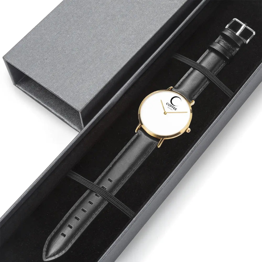 COFFEE RELIGION Hamptons Coffee Time Watch - Black Leather Strap gold dial