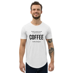Open image in slideshow, Mood Coffee Graphic T-Shirt Men&#39;s Curved Hem Shirt in white COFFEE RELIGION
