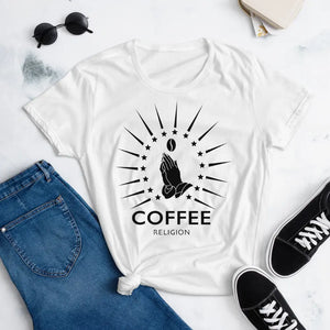 Coffee Religion classic slim Fashion Fit Women's short sleeve T shirt in White