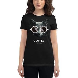 COFFEE RELIGION CAT Tee Women's Slim Fit Graphic T-shirt in Black COFFEE RELIGION