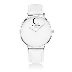 Open image in slideshow, COFFEE RELIGION COFFEE TIME Naples White Leather Silver Steel Minimalist Watch JetPrint Fulfillment
