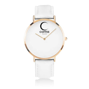 Open image in slideshow, COFFEE RELIGION Hamptons Coffee Time Watch - White Leather Strap gold dial JetPrint Fulfillment
