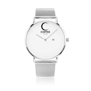 Open image in slideshow, COFFEE RELIGION COFFEE TIME Silver Steel Minimalist Watch with date JetPrint Fulfillment
