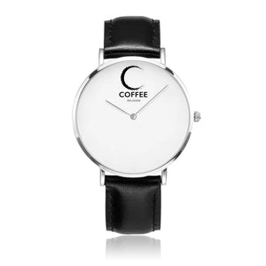 Open image in slideshow, COFFEE RELIGION COFFEE TIME Naples Black Leather Silver Steel Minimalist Watch JetPrint Fulfillment
