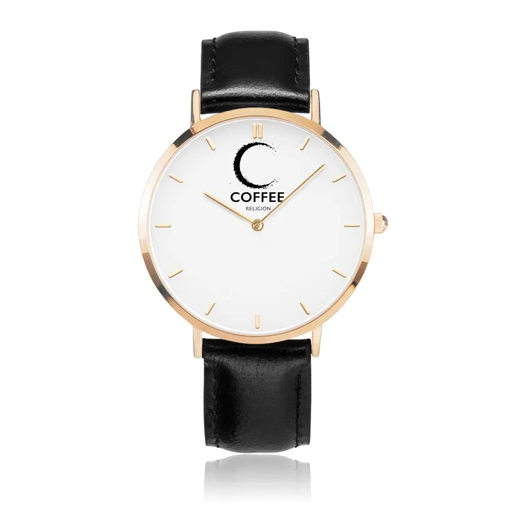 COFFEE RELIGION Hamptons Mark Coffee Time Watch - Black Leather Strap gold dial