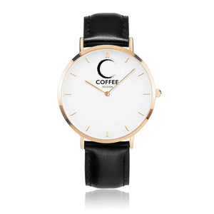 Open image in slideshow, COFFEE RELIGION Hamptons Mark Coffee Time Watch - Black Leather Strap gold dial JetPrint Fulfillment
