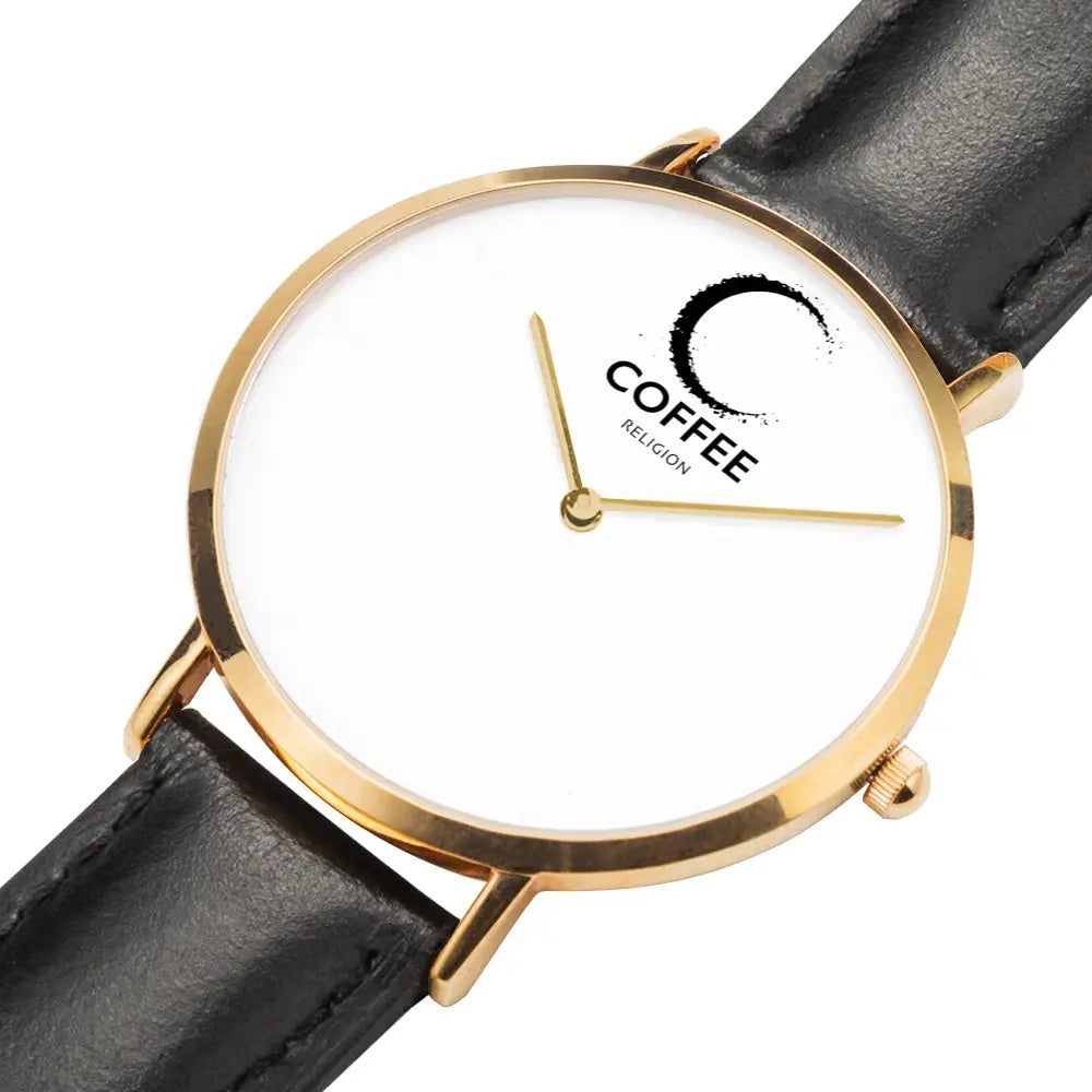 COFFEE RELIGION Hamptons Coffee Time Watch - Black Leather Strap gold dial JetPrint Fulfillment